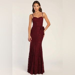 Burgundy floral lace overlay mermaid maxi dress